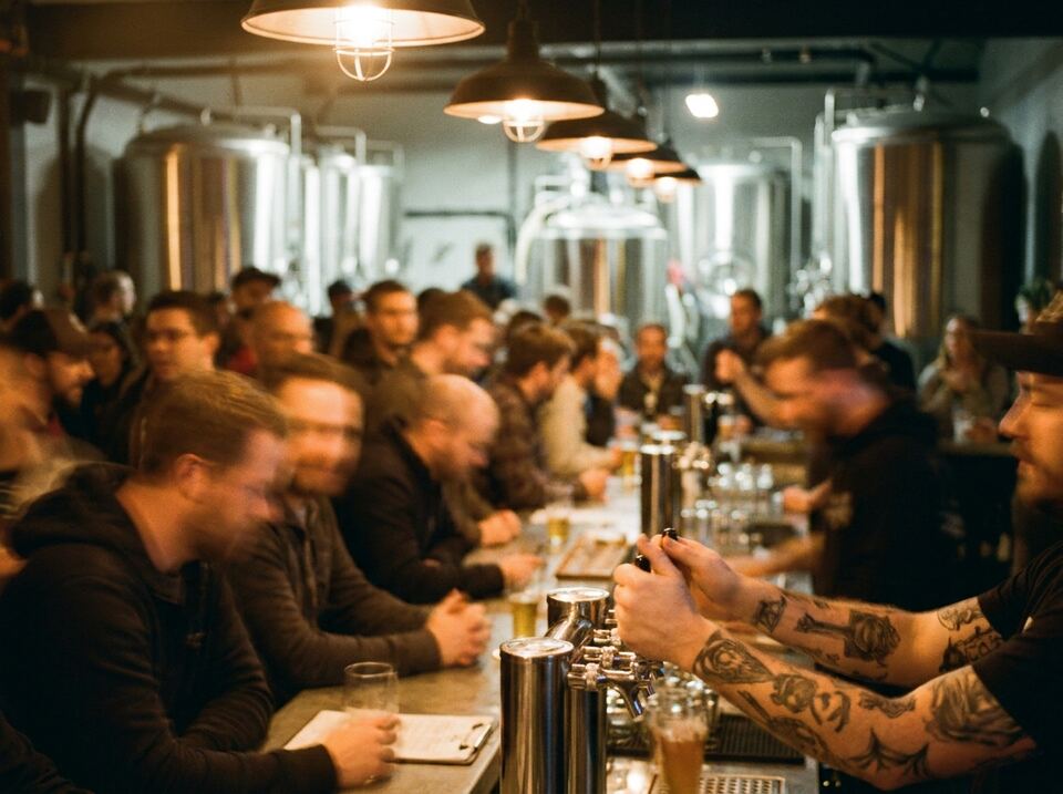 A packed brewery taproom seen from the kitchen pass behind the bar.