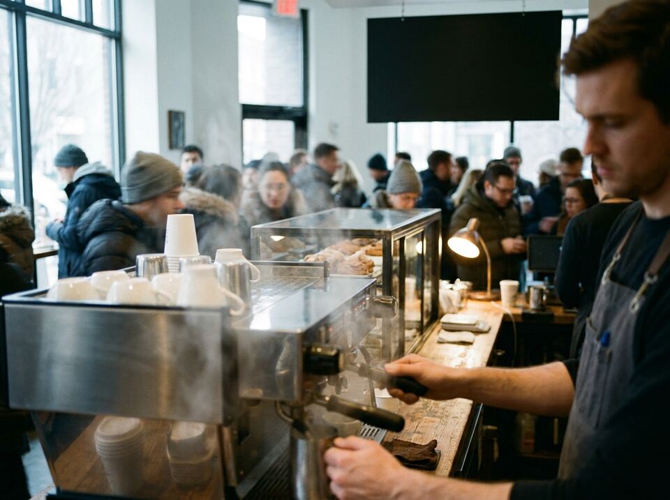 A busy coffee bar at the morning peak, seen from behind the espresso machine.