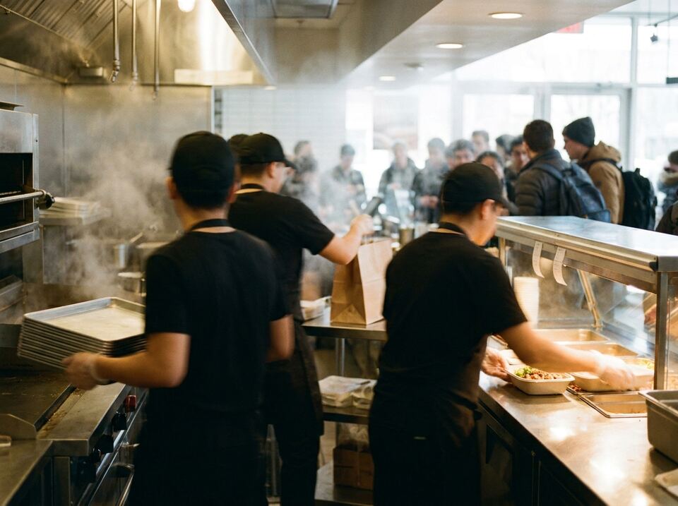 A busy fast casual make line seen from behind the counter, with a queue beyond it.