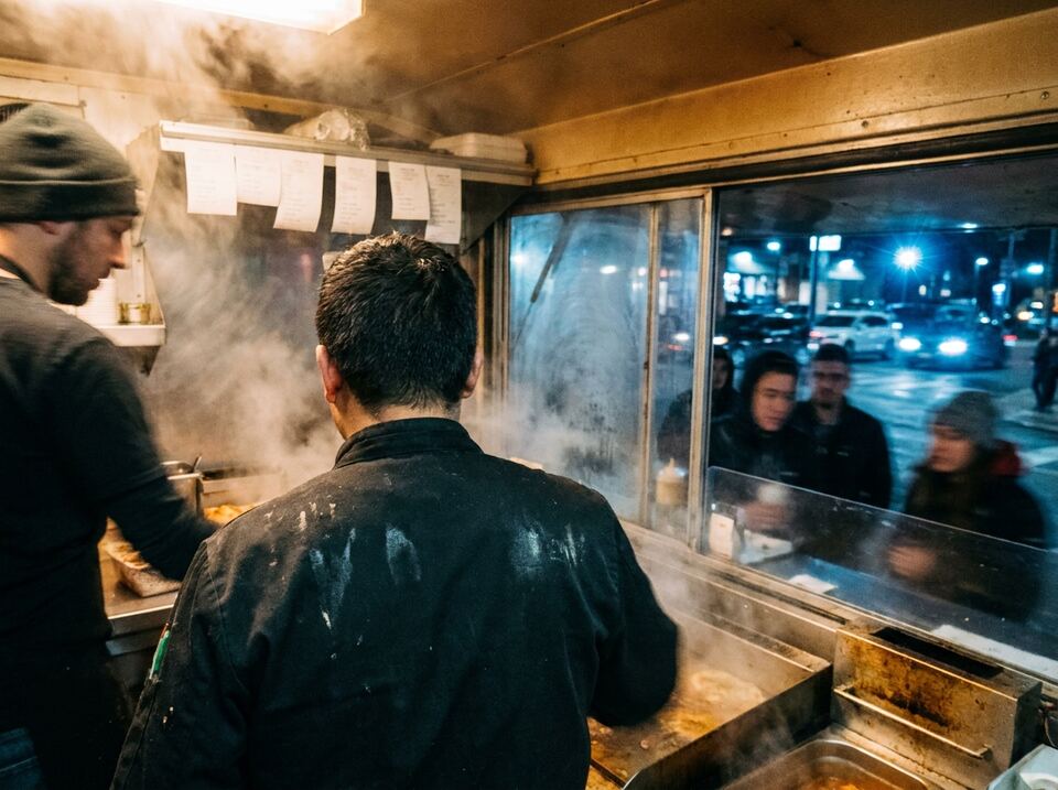 A busy food truck galley at night, seen from inside the service window.