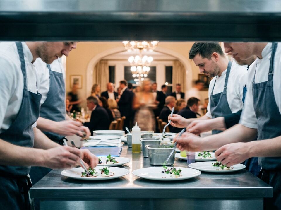 A busy upscale dining room mid-service, seen from the kitchen side of the pass.