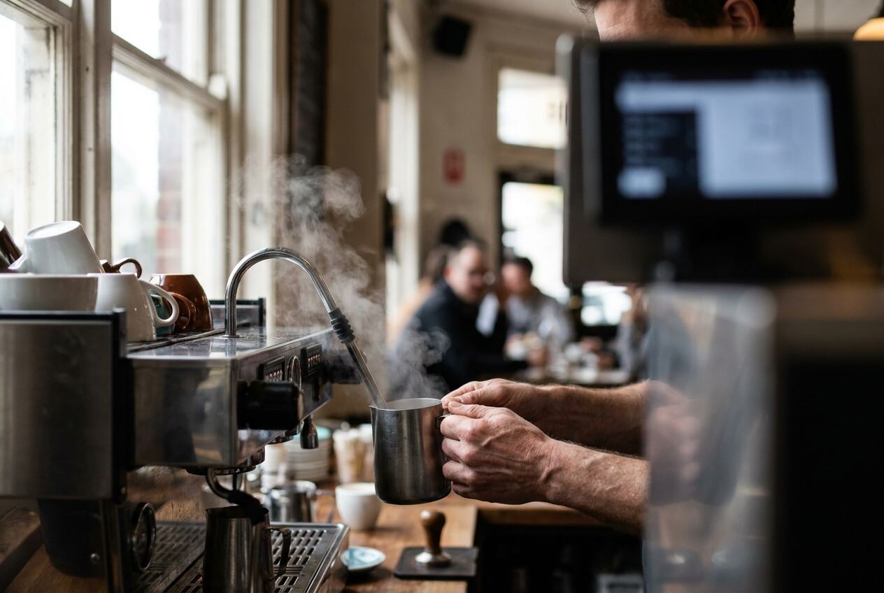 Barista steams milk beside an espresso machine, guests seated at tables behind.