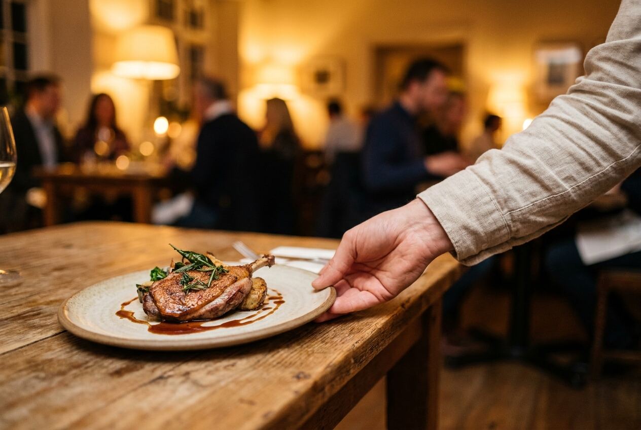 A hand sets a plated duck dish on a wooden table, diners behind.