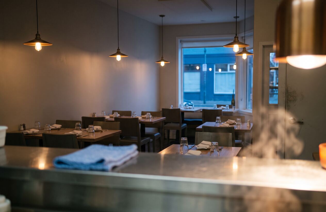 A dining room set for service with every table empty, seen from the kitchen doorway.
