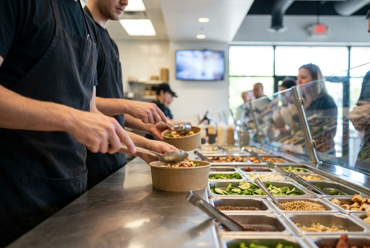 Two staff assemble grain bowls with tongs along a glass-fronted serving line.