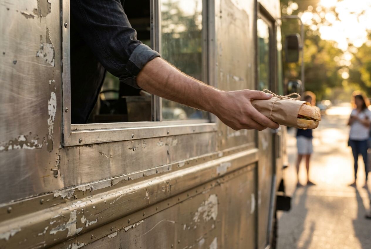 An arm passes a paper-wrapped sandwich from a food truck window at dusk.