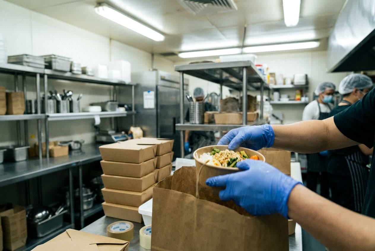 Gloved hands lower a takeout bowl into a paper bag beside stacked boxes.