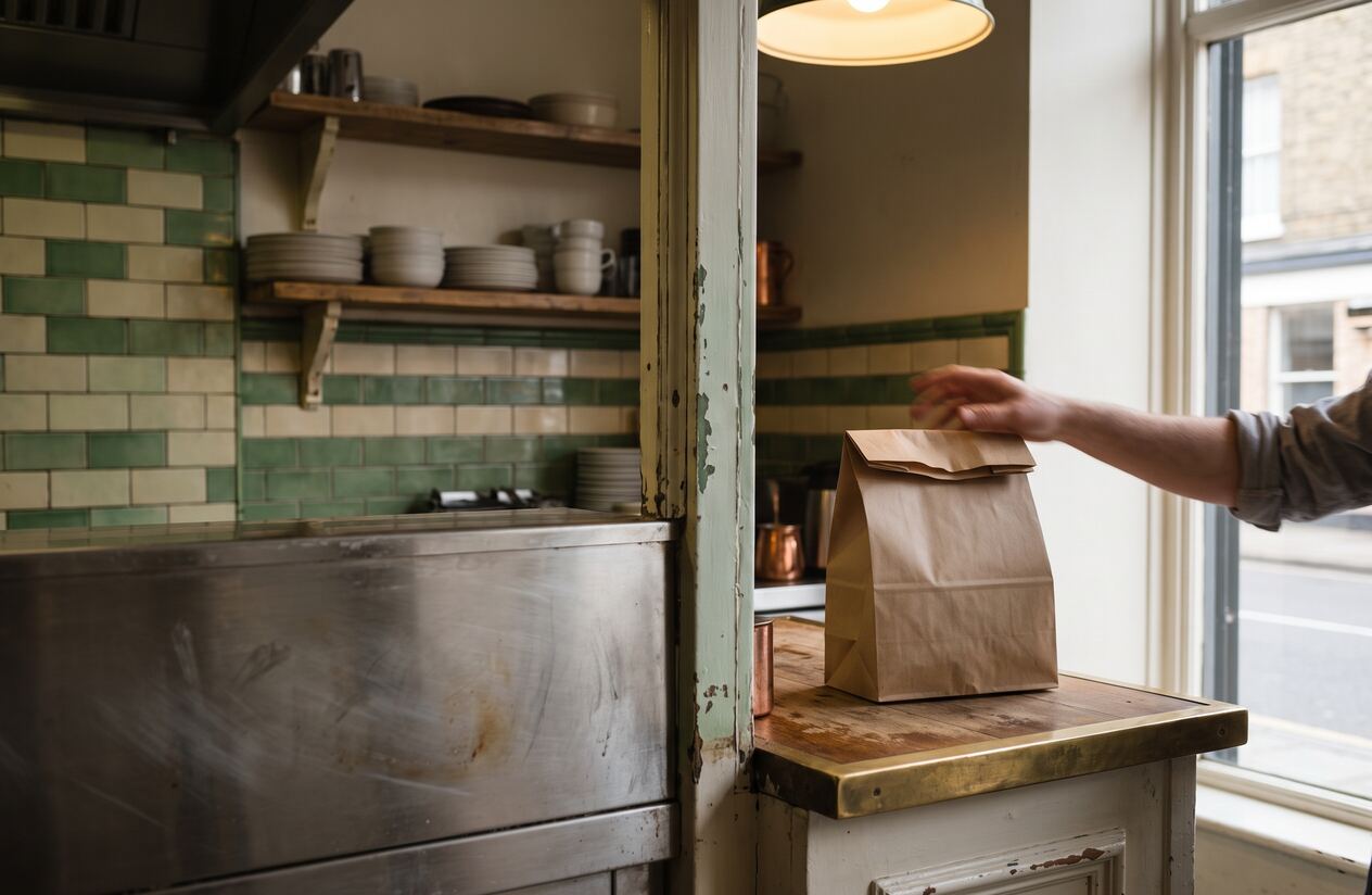 A counter in a small tiled room, with a hand setting a paper bag on the end of it.