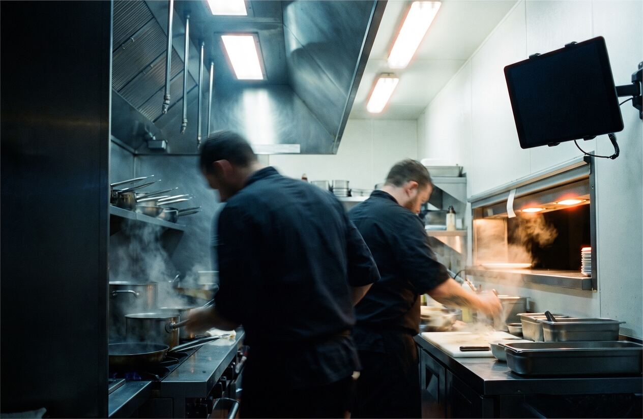 Two cooks working a dinner rush in a dark kitchen, seen from behind.
