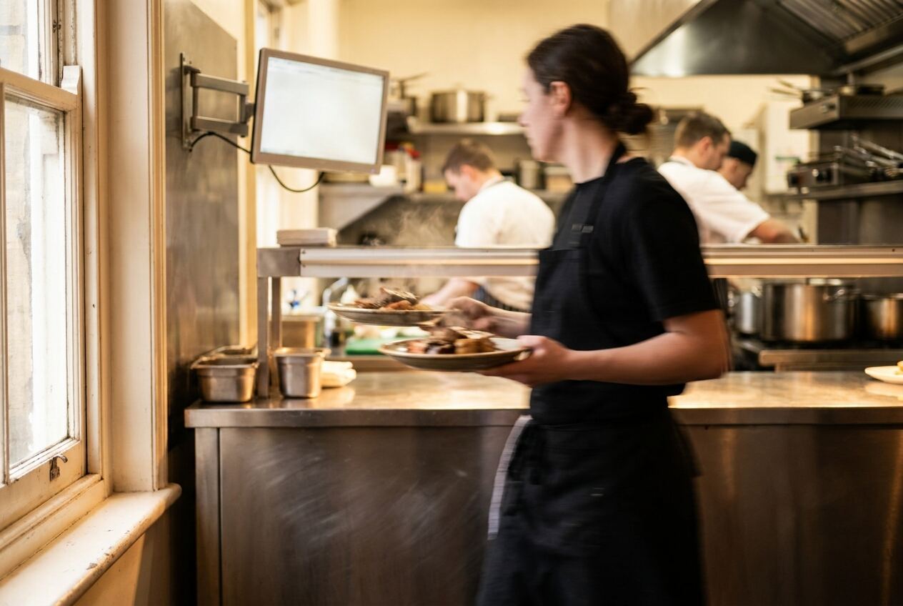A server carries two plates from a narrow kitchen pass past working cooks.