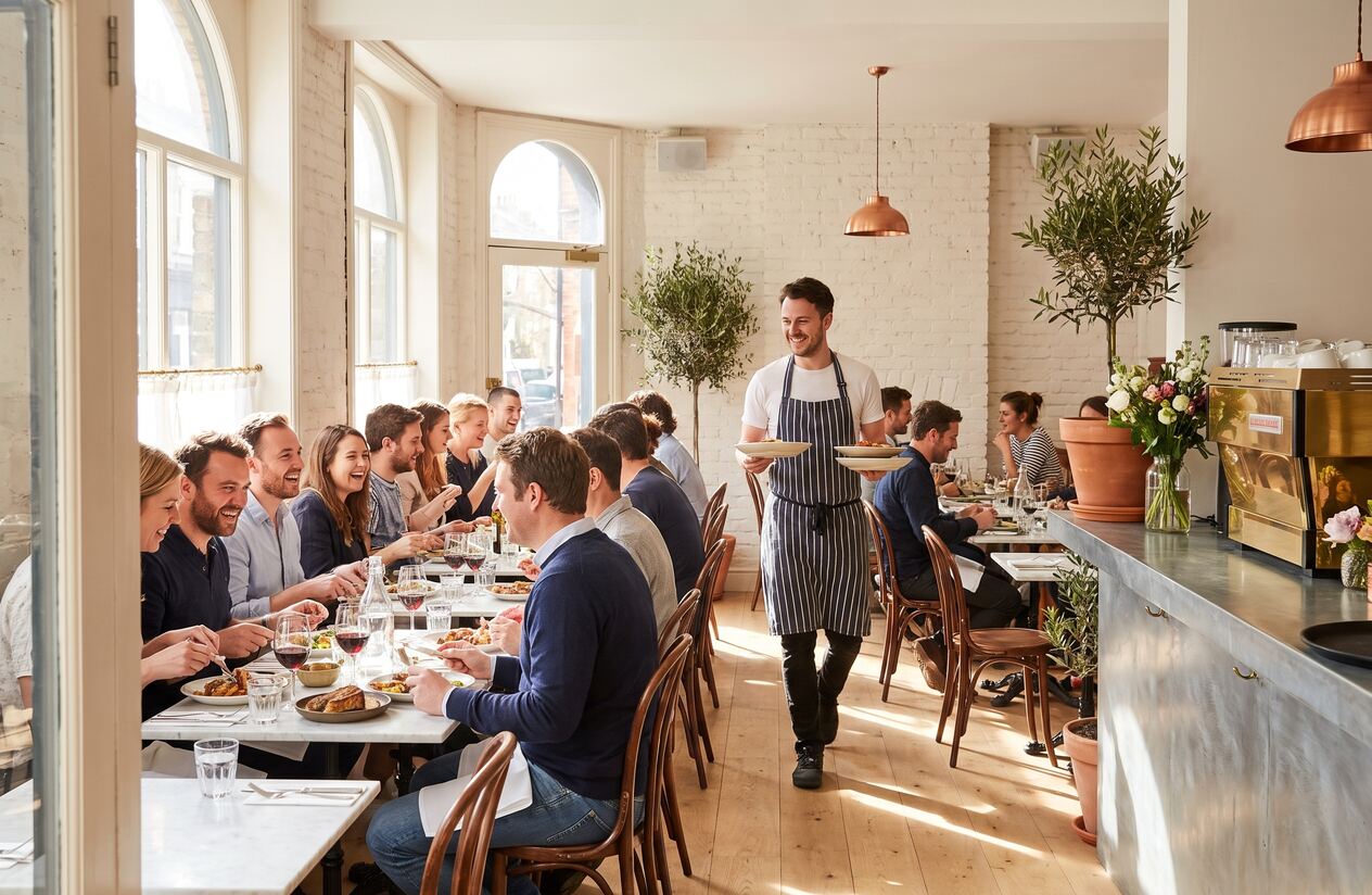 A busy bistro dining room at lunch, full of guests, with a server carrying plates between tables.