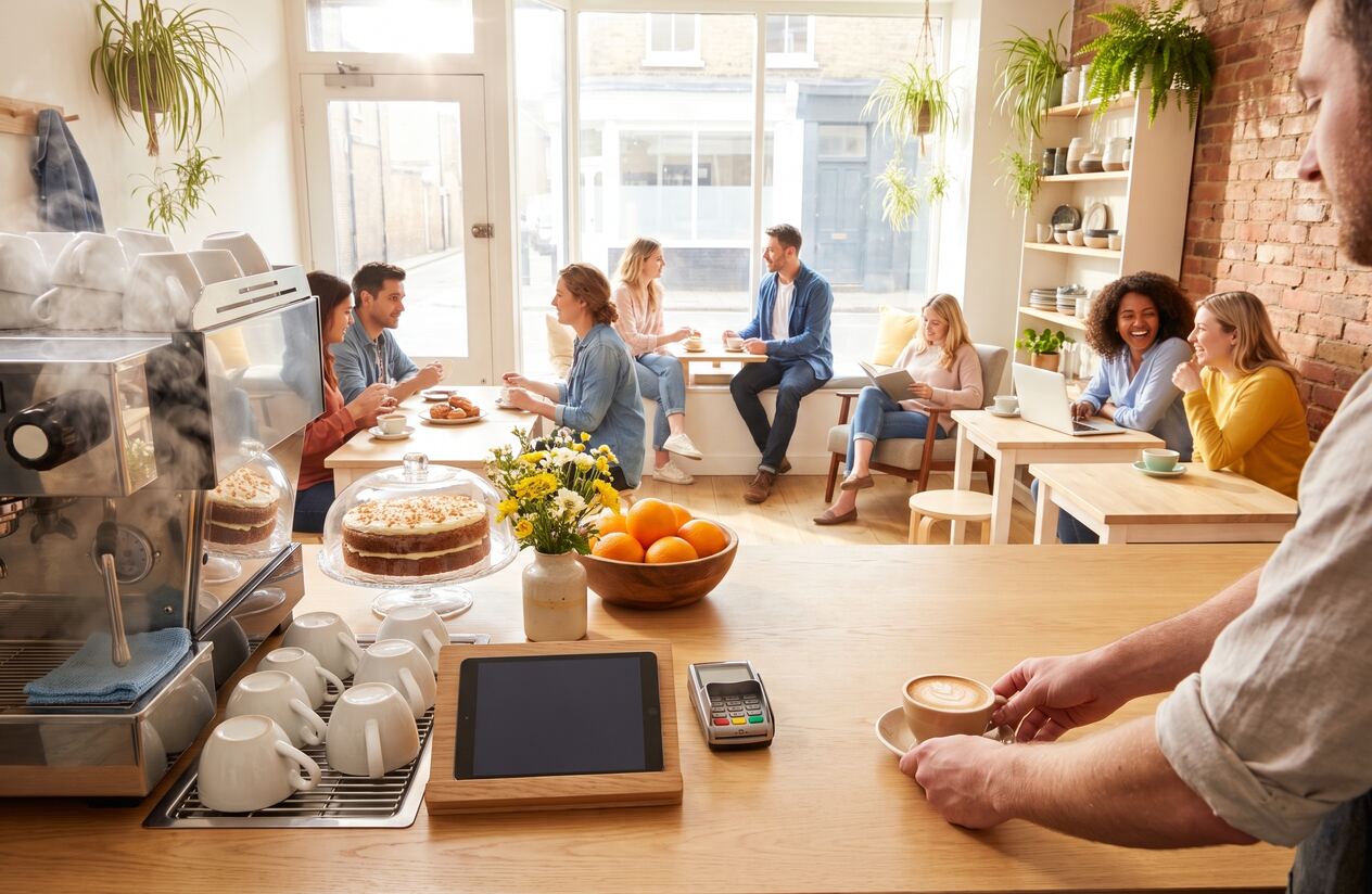 A cafe counter seen from the working side on a bright morning, with guests at tables beyond it.